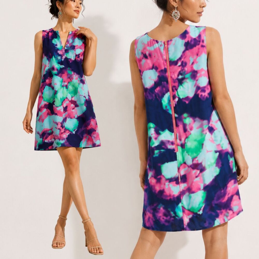 Kate Spade "Keri" Viscose Satin Watercolor Abstract Split Neck Shift Dress 0